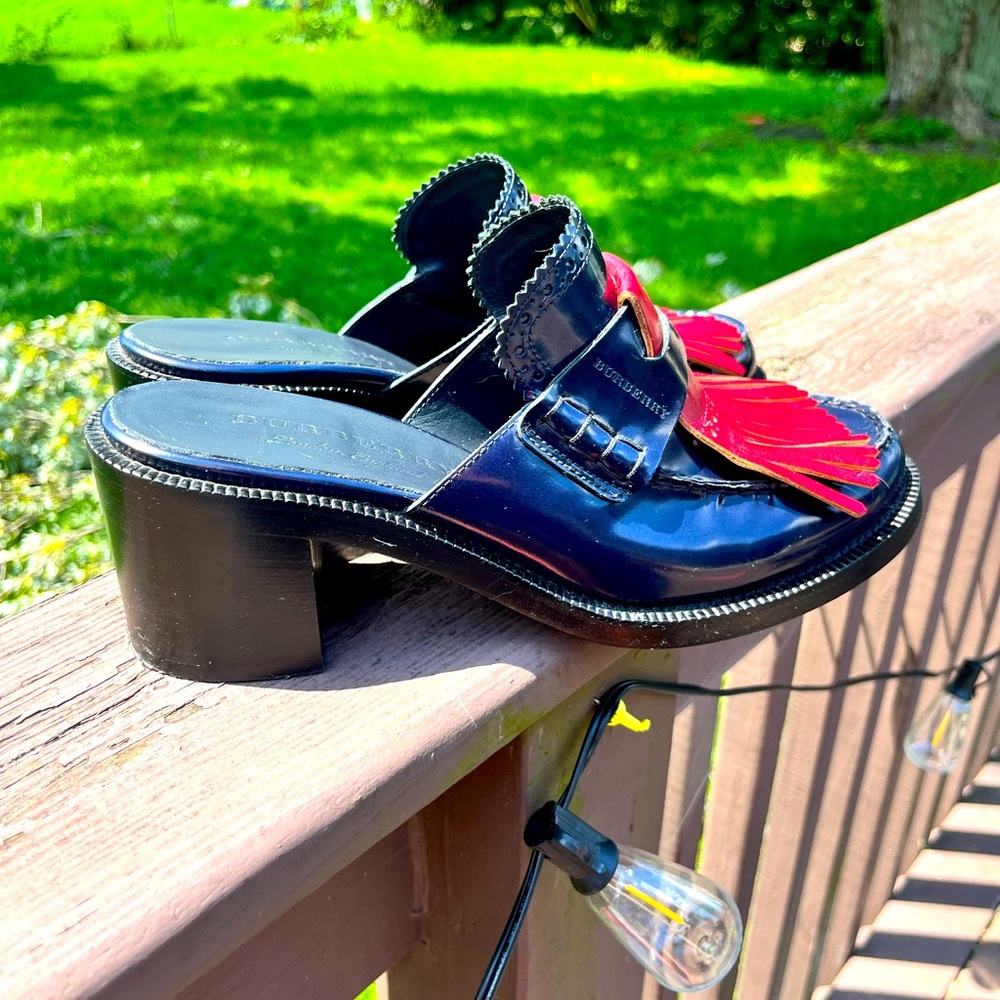 BURBERRY Kiltie Fringe Leather Heeled Mules
